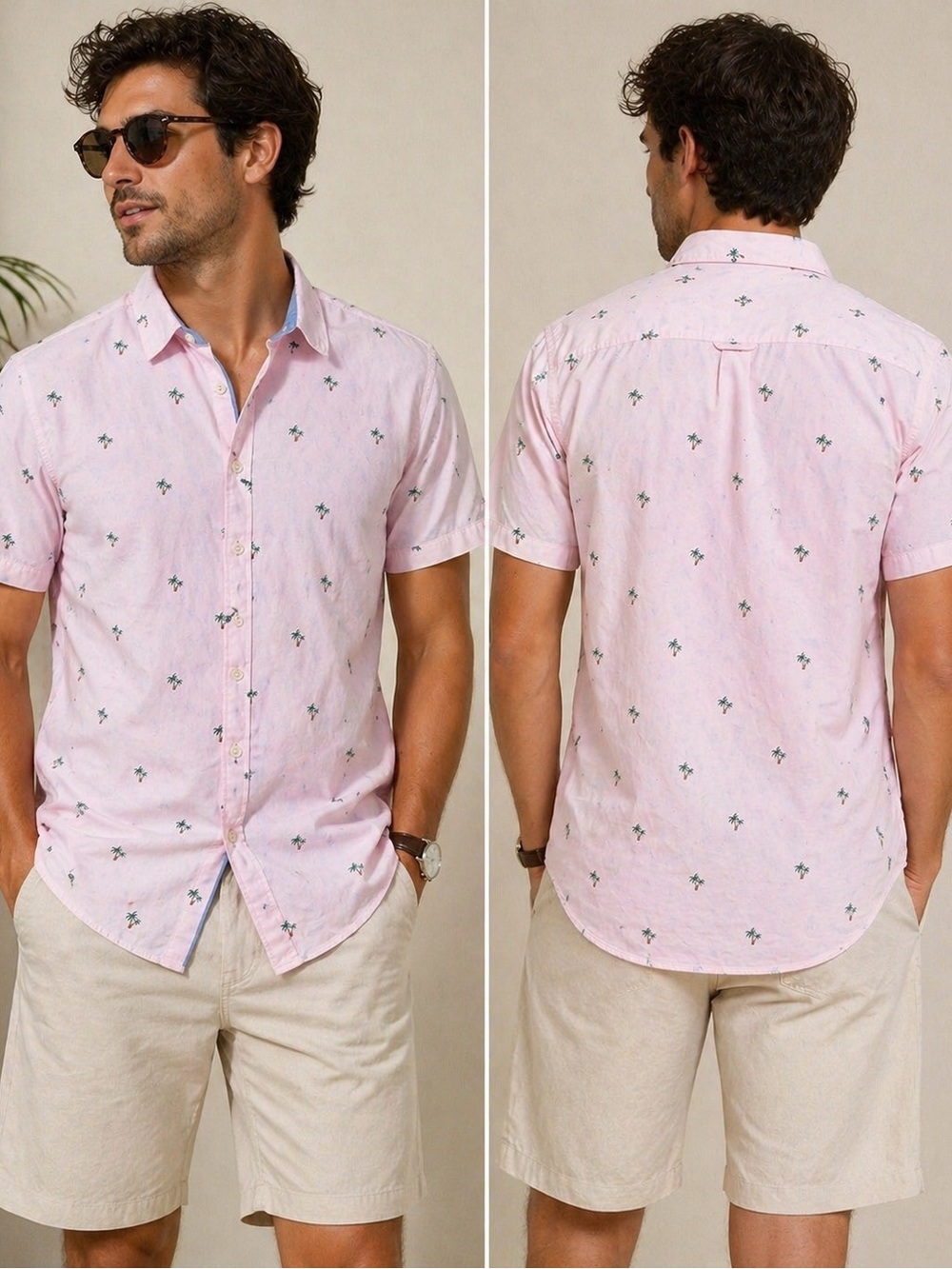Denim & Flower Short-Sleeve Pink Palm-Print Button Down Shirt